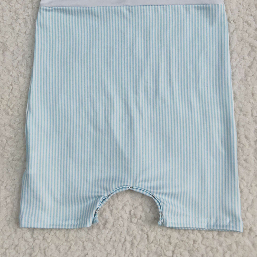 4.26 SR2991 RTS NO MOQ Baby Boys Summer Rompers Embroidery Baby Infant Boys Blue Stripe Sleeveless Ducks Button Rompers