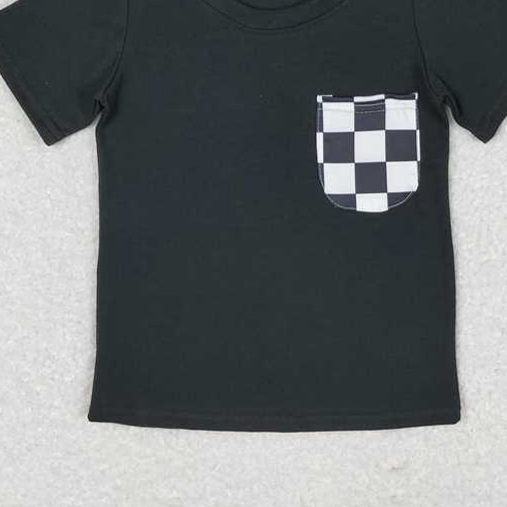 5.19  BT0660 RTS NO MOQ Black plaid pocket short sleeves kids boys top