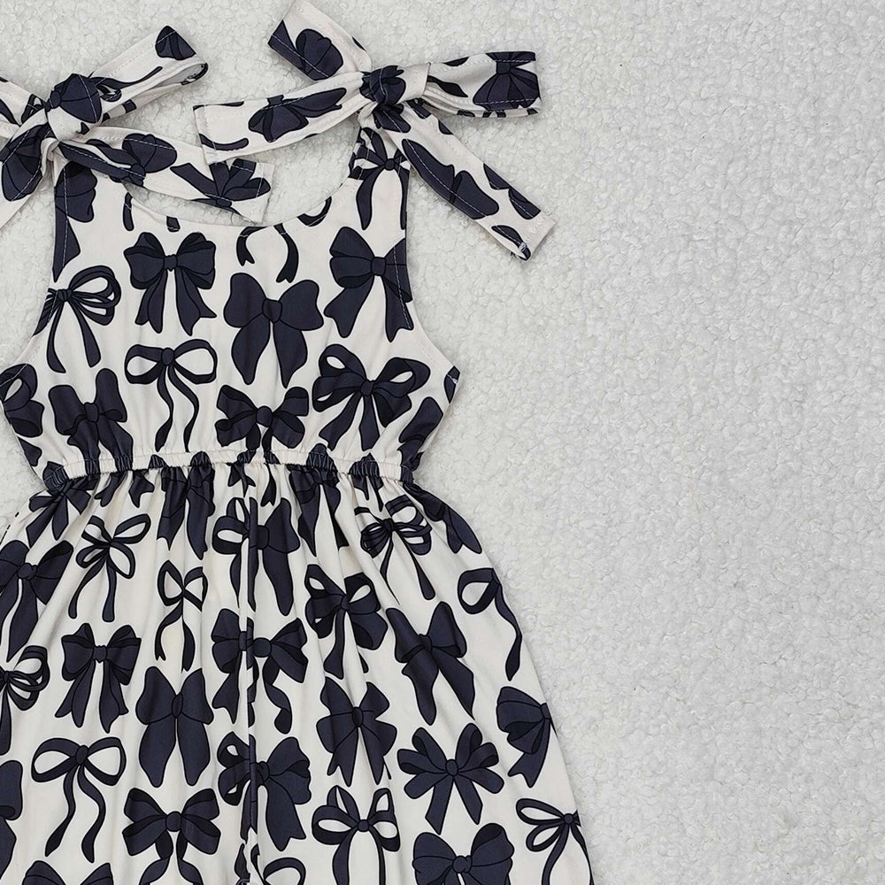 SR2524Kids Girls Black Bow Straps Summer Jumpsuit Adjustable Straps Elastic Waist Vintage Style Casual Romper for Children