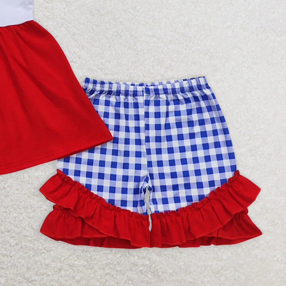 GSSO0611 RTS NO MOQ Children Clothes Summer Girls Outfits Embroidered airplane flag fireworks red lace suspenders blue and white plaid shorts set