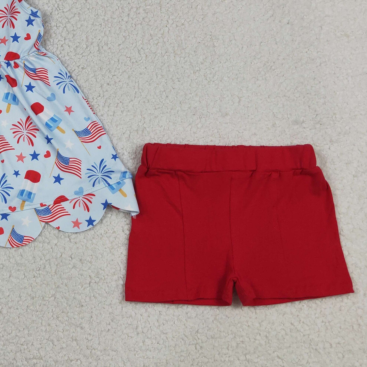 GSSO3386 RTS NO MOQ （In stock）Popsicle flag scallop tunic shorts girls 4th of july outfits