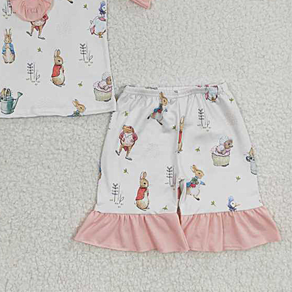 GSSO0155Girls Pink Ruffles Short Sleeves Rabbit Shirt Pajamas Set Easter Theme Sleepwear Comfortable Soft Material for Kids