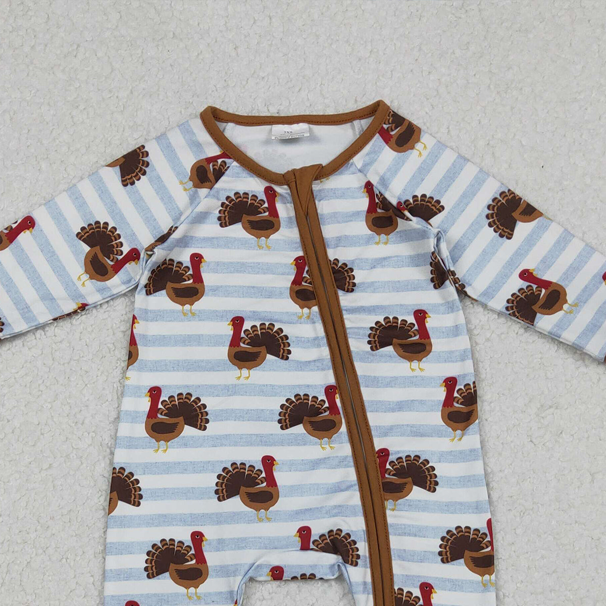 10.15 RTS NO MOQ （In stock）LR1191 Baby Boys Winter Rompers Baby Infant Boys Thanksgiving Turkey Stripe Zipper Footie Rompers