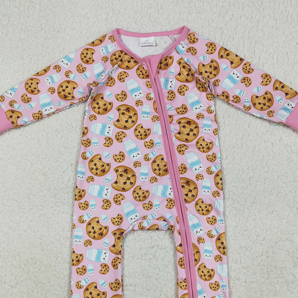 RTS NO MOQ （In stock）LR2398 Baby Girls Winter Rompers Baby Girls Pink Christmas Milk Cookies Zipper Footie Rompers