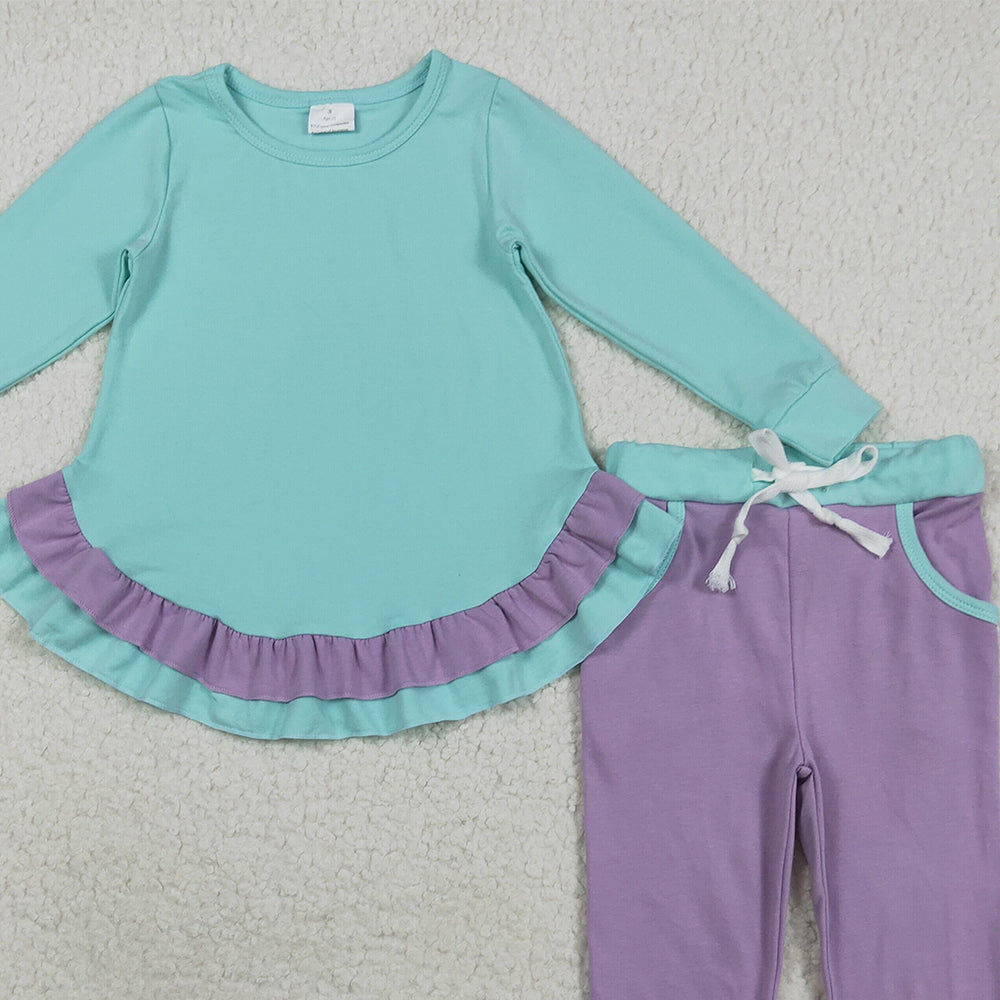RTS NO MOQ （In stock）GLP2402 Baby Girls Winter Outfits Baby Girls Aqua Long Sleeves Ruffle Top Lavender Pockets Legging Pants Sets