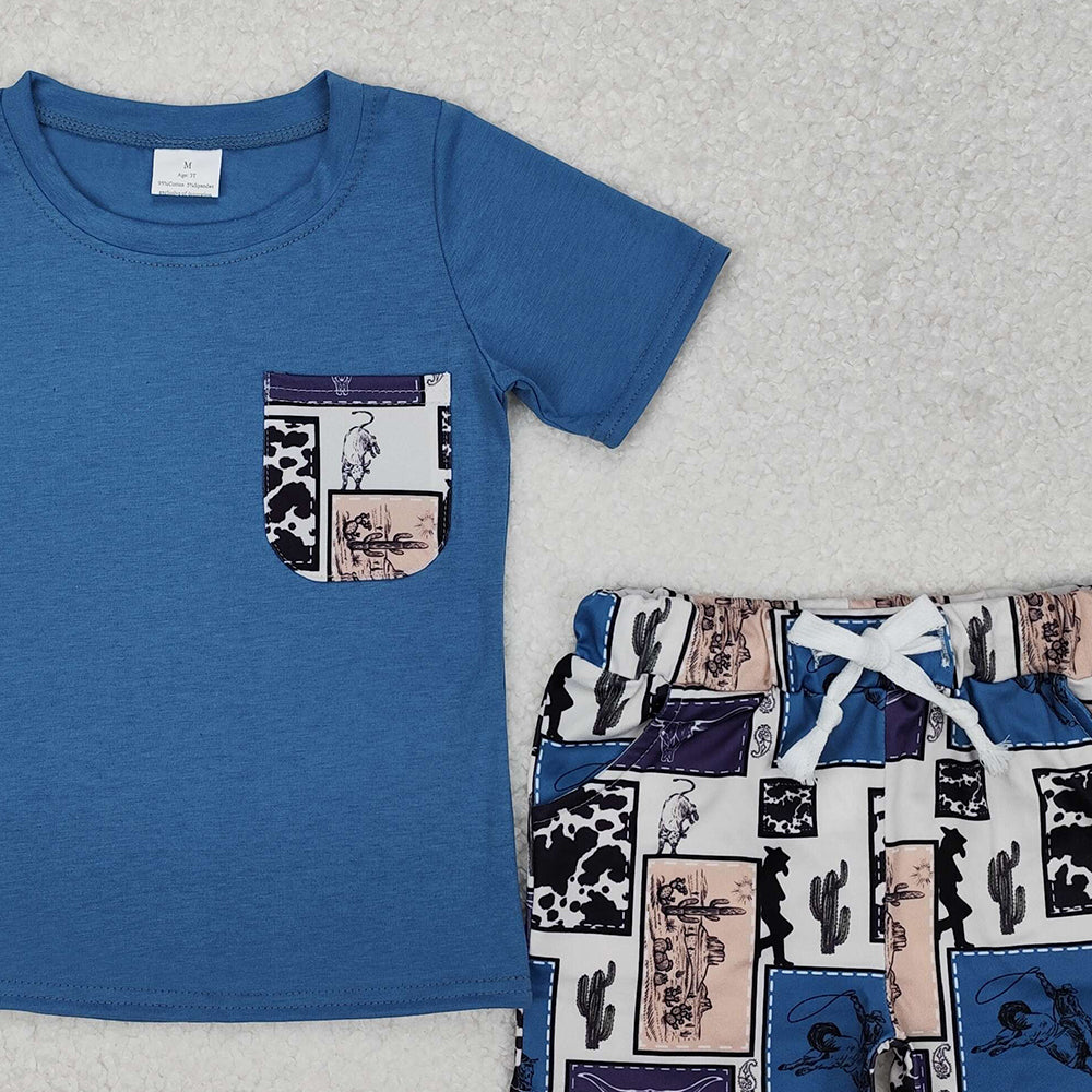 BSSO1286Short sleeves pocket top rodeo cactus shorts western boys clothes