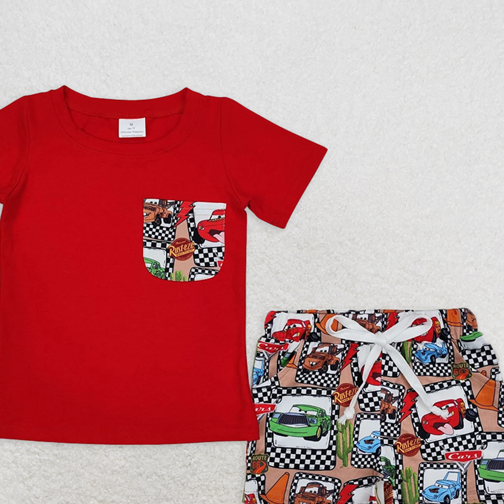 BSSO1256RTS NO MOQ Baby Boys Summer Boys Outfits Red Short Sleeve Pocket Top with Car Print Boys Shorts Outfit Set Casual Kids Clothing