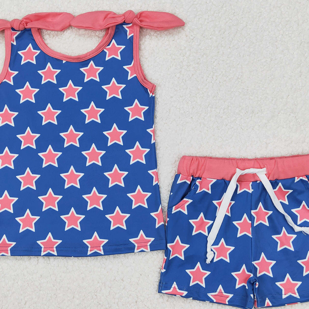 GSSO2151 RTS NO MOQ Sleeveless stars top shorts kids girls clothing set