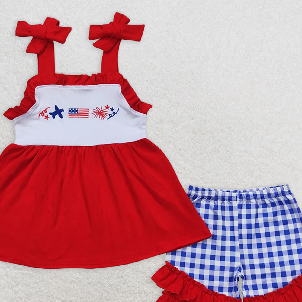 GSSO0611 RTS NO MOQ Children Clothes Summer Girls Outfits Embroidered airplane flag fireworks red lace suspenders blue and white plaid shorts set