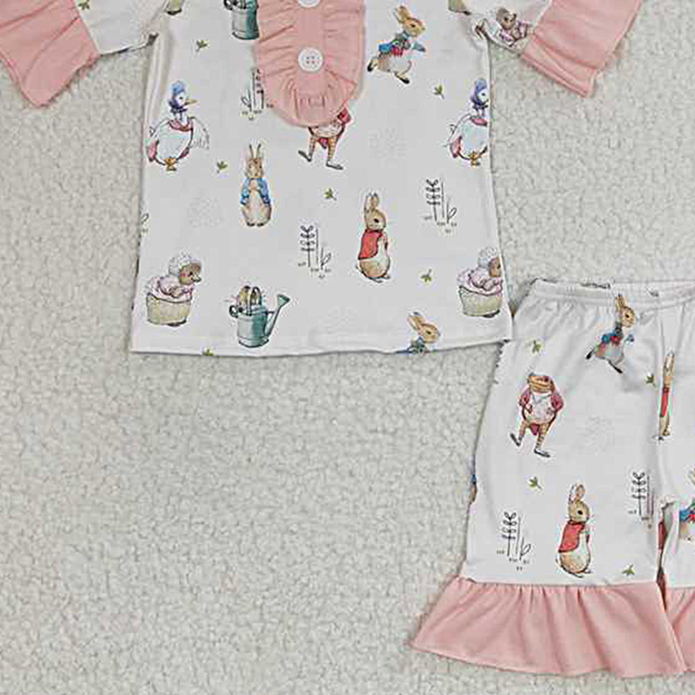 GSSO0155Girls Pink Ruffles Short Sleeves Rabbit Shirt Pajamas Set Easter Theme Sleepwear Comfortable Soft Material for Kids
