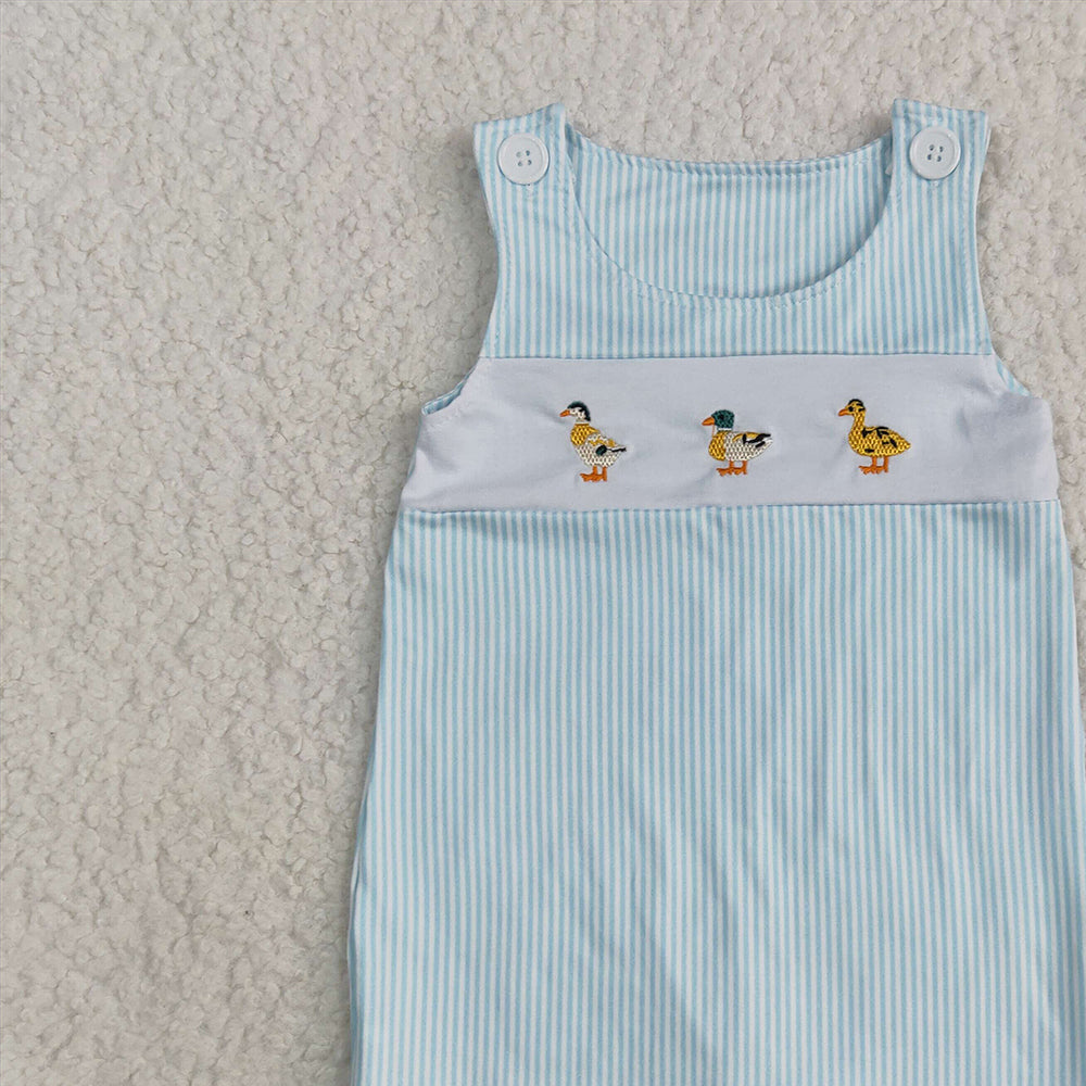 4.26 SR2991 RTS NO MOQ Baby Boys Summer Rompers Embroidery Baby Infant Boys Blue Stripe Sleeveless Ducks Button Rompers