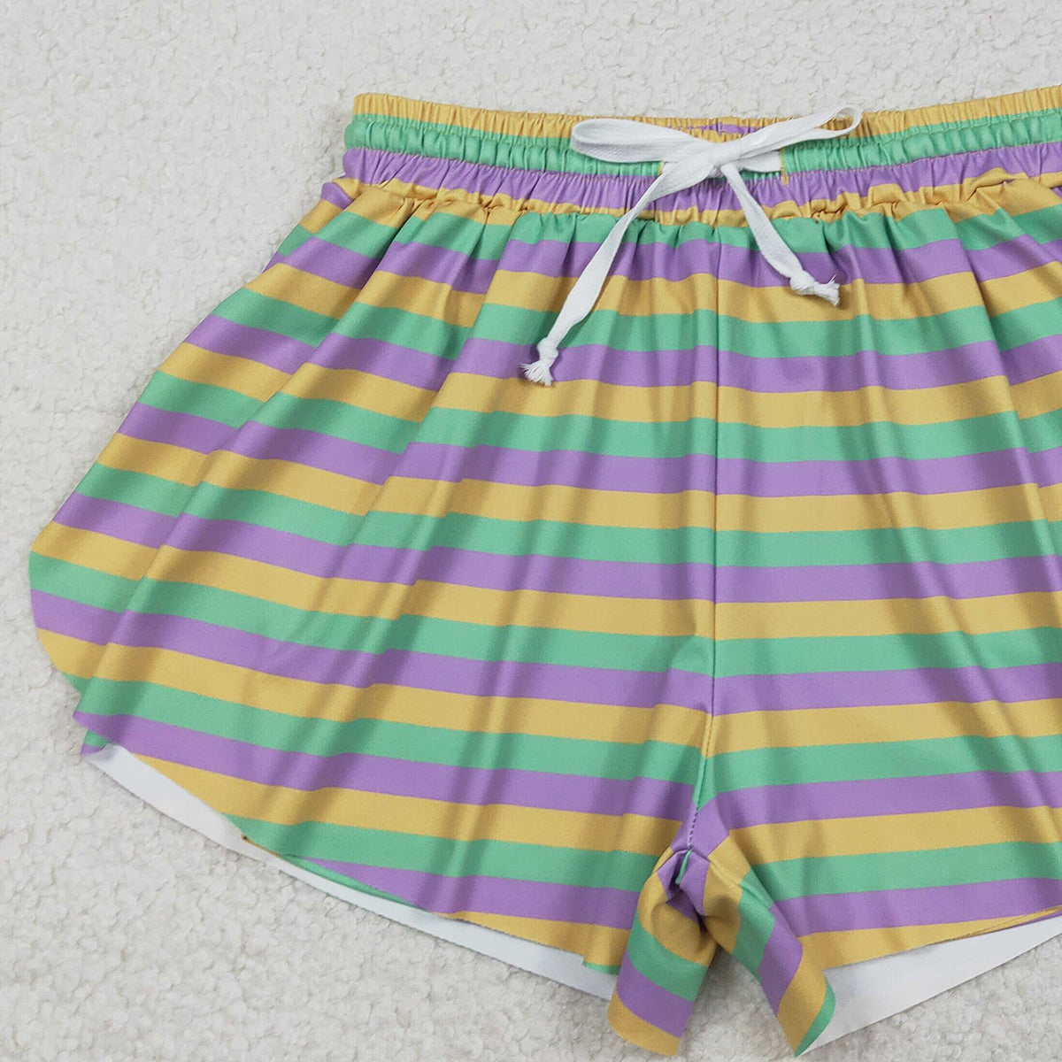 12.16 RTS NO MOQ （In stock）SS0706 Adult Women Mardigras Stripes Yoga Active Ruffle Shorts Bottom