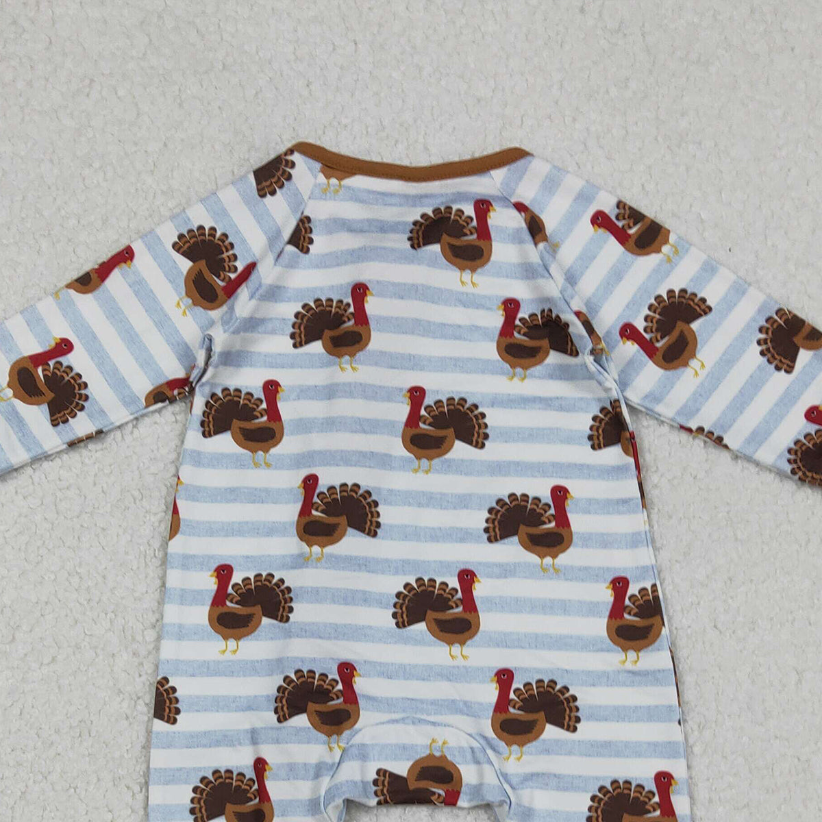 10.15 RTS NO MOQ （In stock）LR1191 Baby Boys Winter Rompers Baby Infant Boys Thanksgiving Turkey Stripe Zipper Footie Rompers