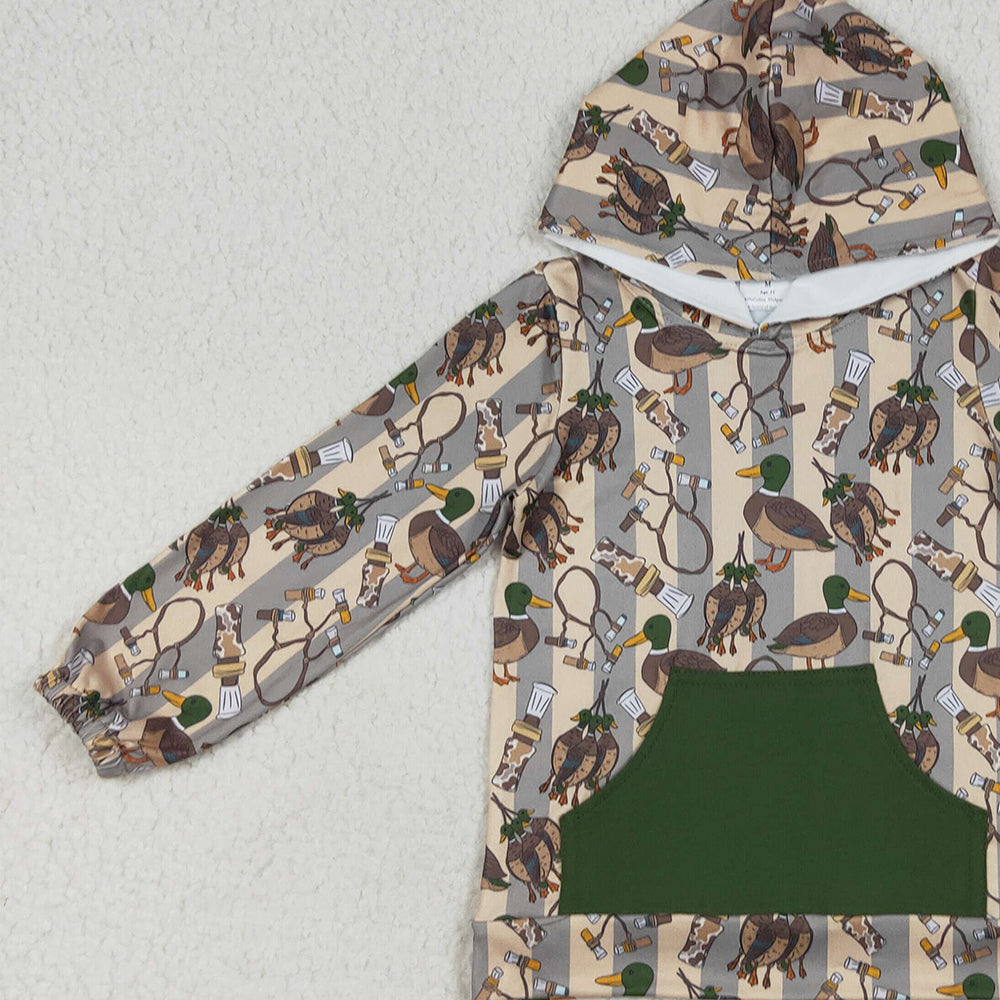 RTS NO MOQ （In stock）BT1267 Baby Boys Long Sleeve Tops Baby Boys Long Sleeves Ducks Stripe Pocket Hoodies Tops