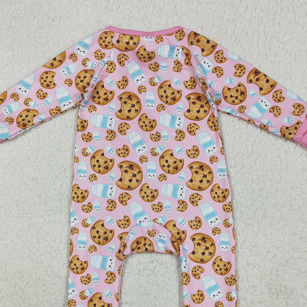 RTS NO MOQ （In stock）LR2398 Baby Girls Winter Rompers Baby Girls Pink Christmas Milk Cookies Zipper Footie Rompers