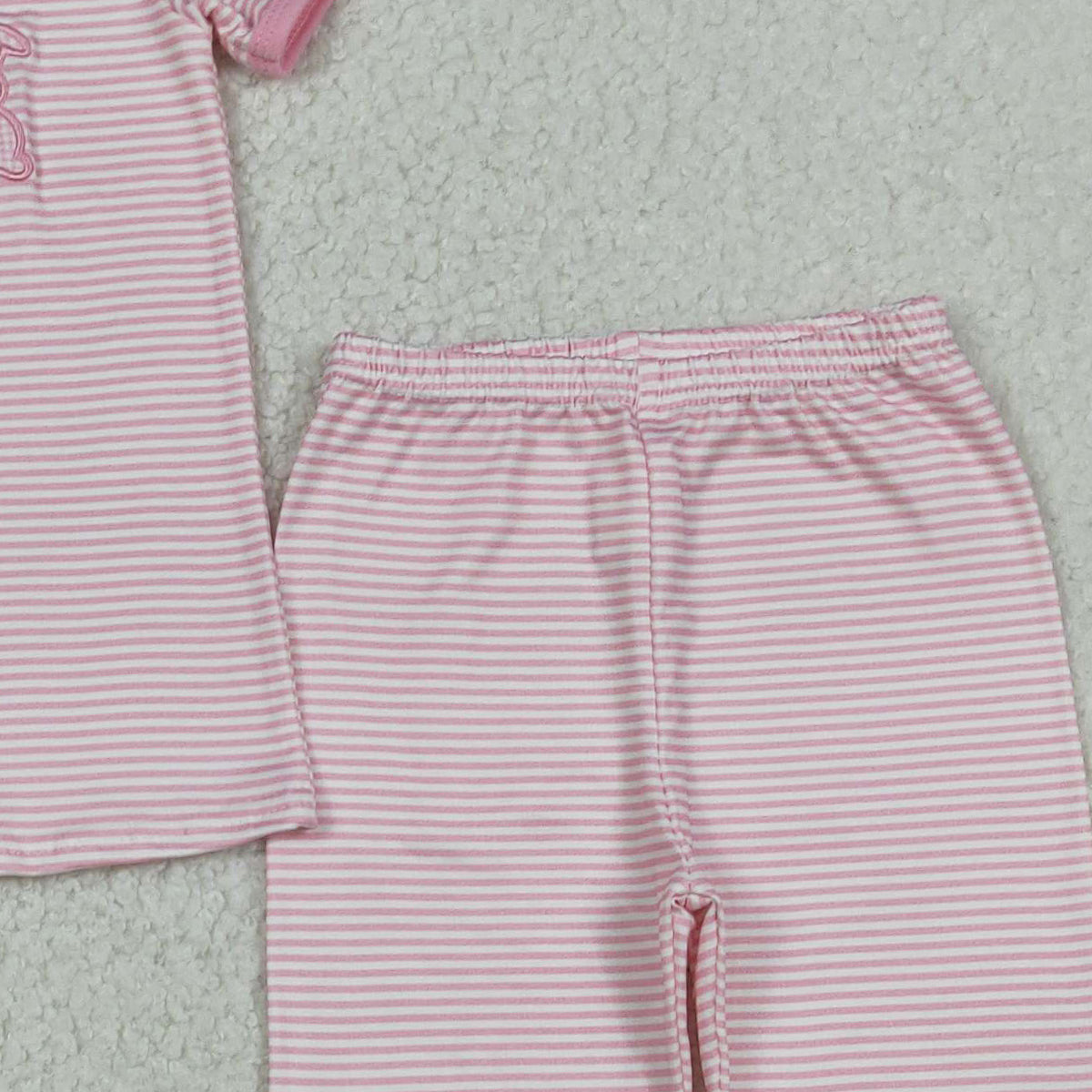 12.8 RTS NO MOQ （In stock）GSPO2117 Embroidery Rabbits Eggs Baby Girls Pink Stripe Top Pants Easter Pajamas Sets