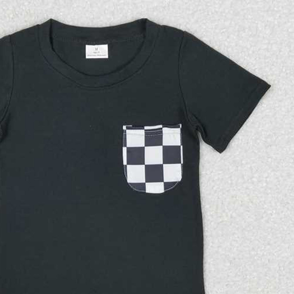 5.19  BT0660 RTS NO MOQ Black plaid pocket short sleeves kids boys top