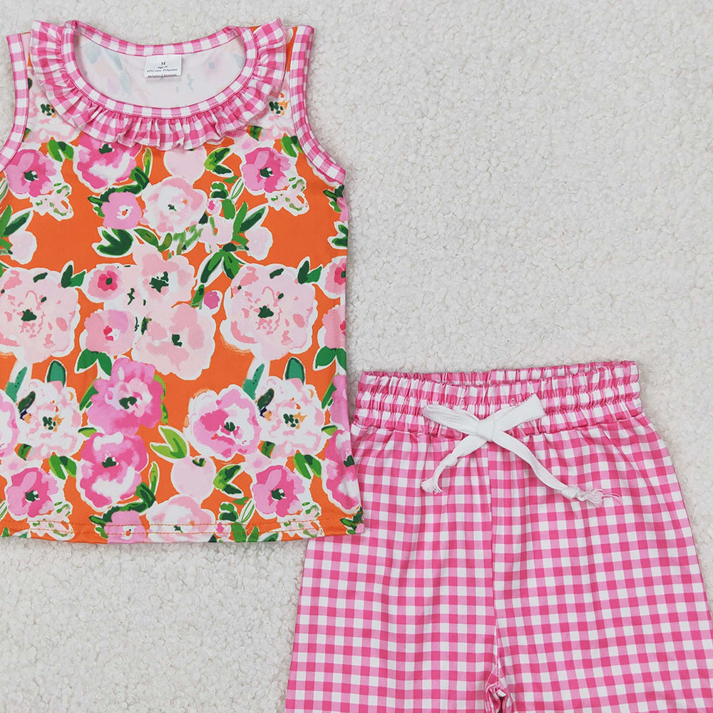 4.08 GSSO2413 RTS NO MOQ Baby Girls Summer Outfits Floral Top Gingham Play Shorts Set