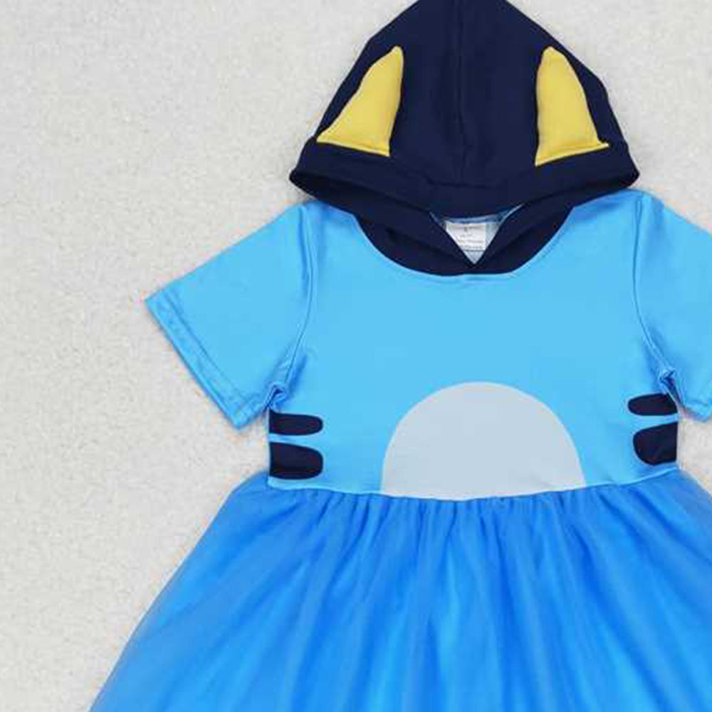 5.16 GSD0997 RTS NO MOQ Short sleeves blue dog tulle girls hooded dress