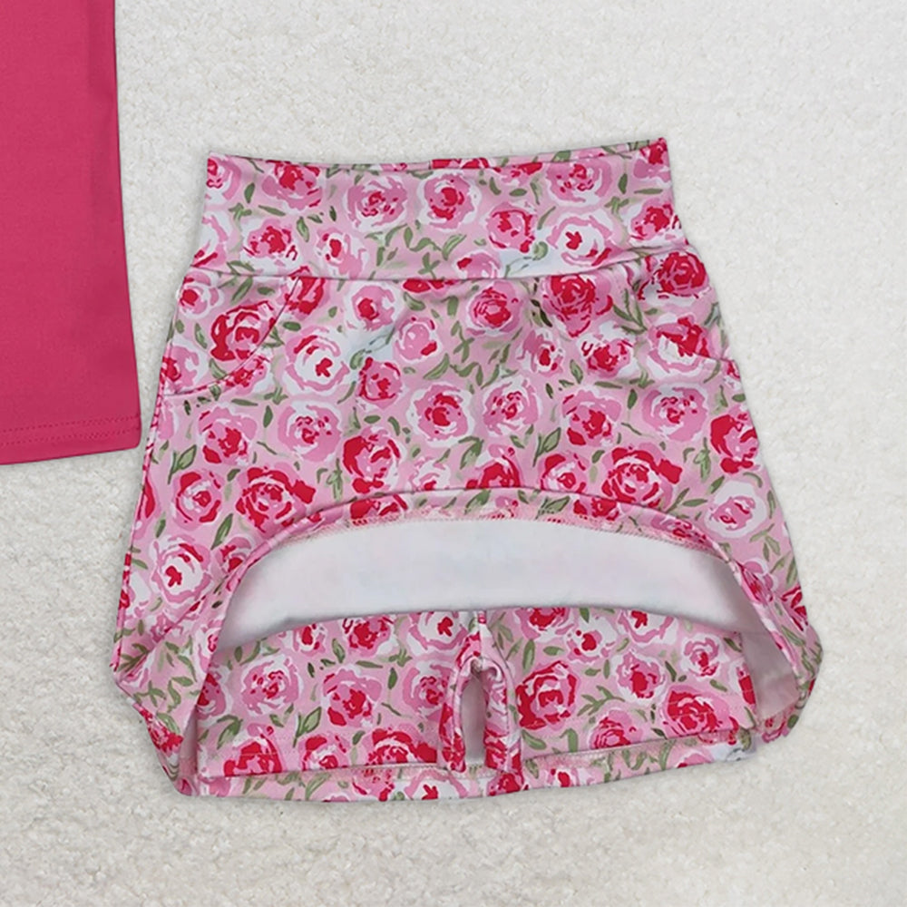 GSD1599RTS NO MOQ Baby Girls Yoga Outfits hot pink sleeveless top stripe floral skirt kids girls clothes