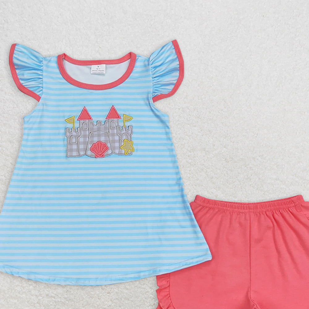 GSSO0875 RTS NO MOQ Baby Girls Summer Outfits Embroidered shell star castle stripe flying sleeve rose red shorts suit