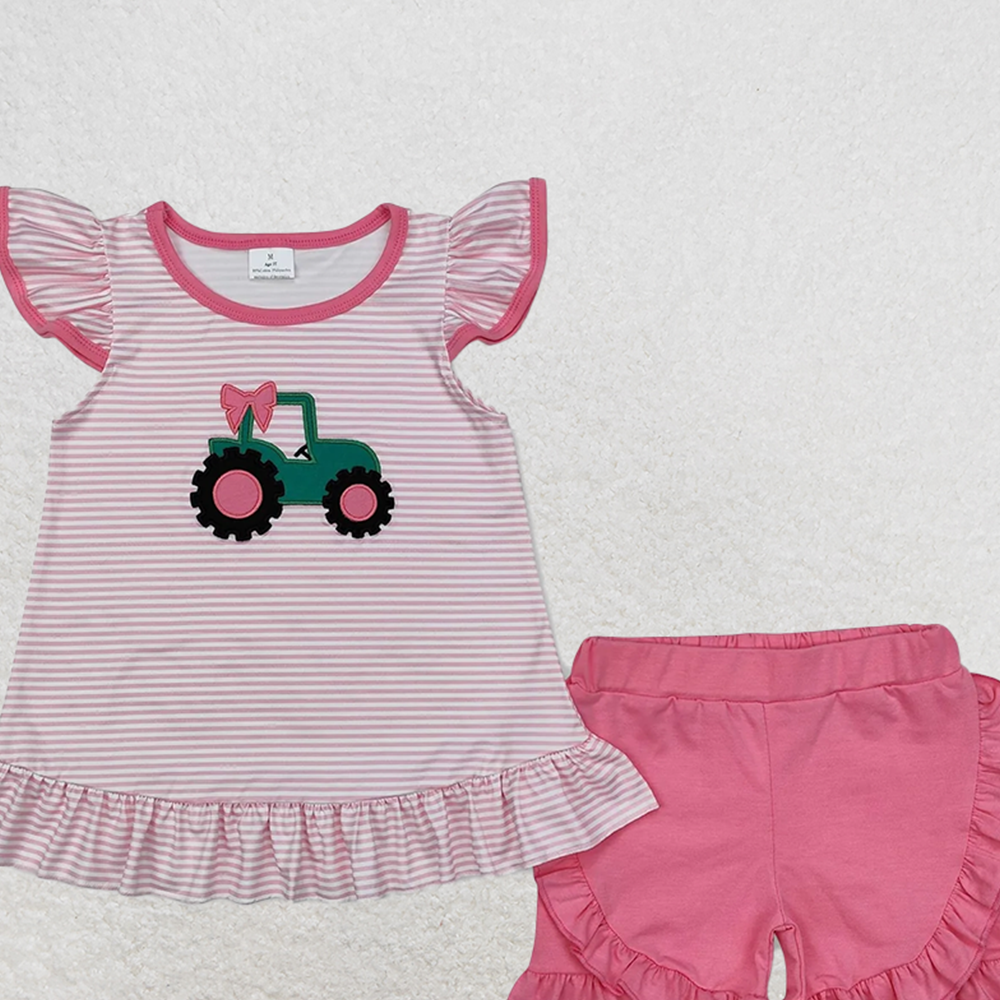 GSSO1757RTS NO MOQ Baby Girls Summer Outfits Pink stripe flutter sleeves tractor kids girls farm outfits