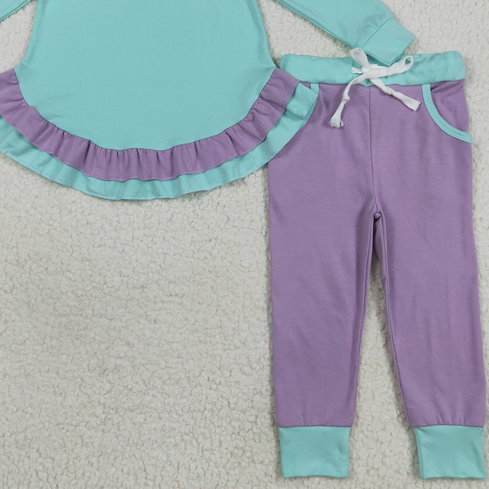RTS NO MOQ （In stock）GLP2402 Baby Girls Winter Outfits Baby Girls Aqua Long Sleeves Ruffle Top Lavender Pockets Legging Pants Sets