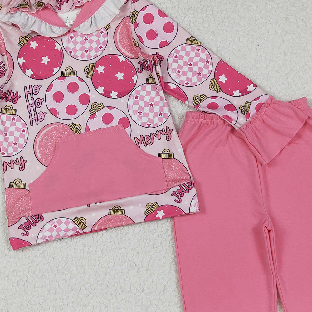 RTS NO MOQ （In stock）GLP2650 Baby Girls Winter Outfits  Pink Merry Christmas Hoodie Top with Pocket And Ruffle Pants Set