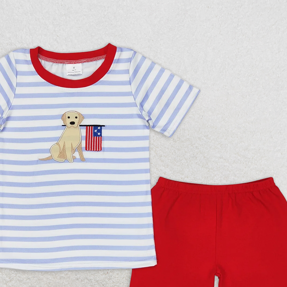 BSSO0619 RTS NO MOQ Baby Boys Summer Boys Outfits Embroidery Baby Boys 4th Of July Dog Flag Shirt Red Shorts Clothes Sets