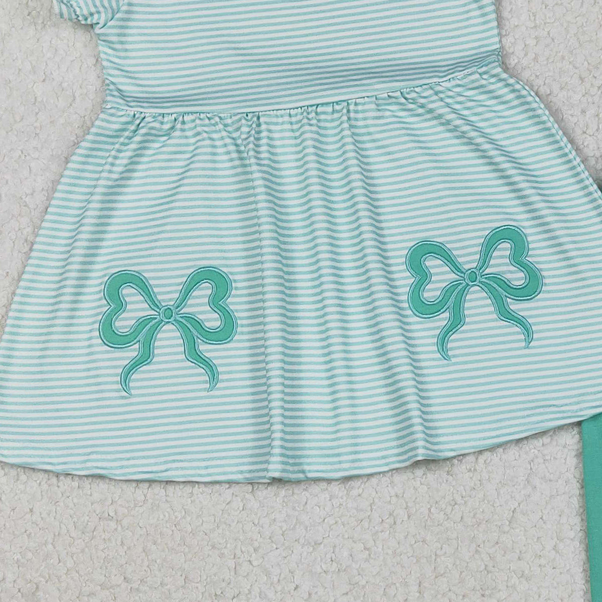 12.4 RTS NO MOQ （In stock）GSPO2151 Embroidery Bows Baby Girls Aqua Stripe Tunic Leggings Pant Clothes Sets