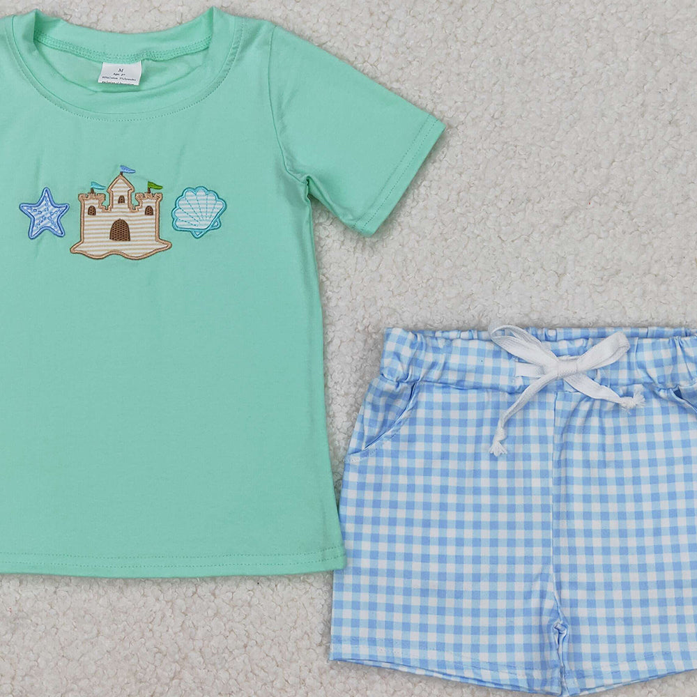 BSSO1266 RTS NO MOQ Starfish shell castle top plaid shorts boys kids clothes