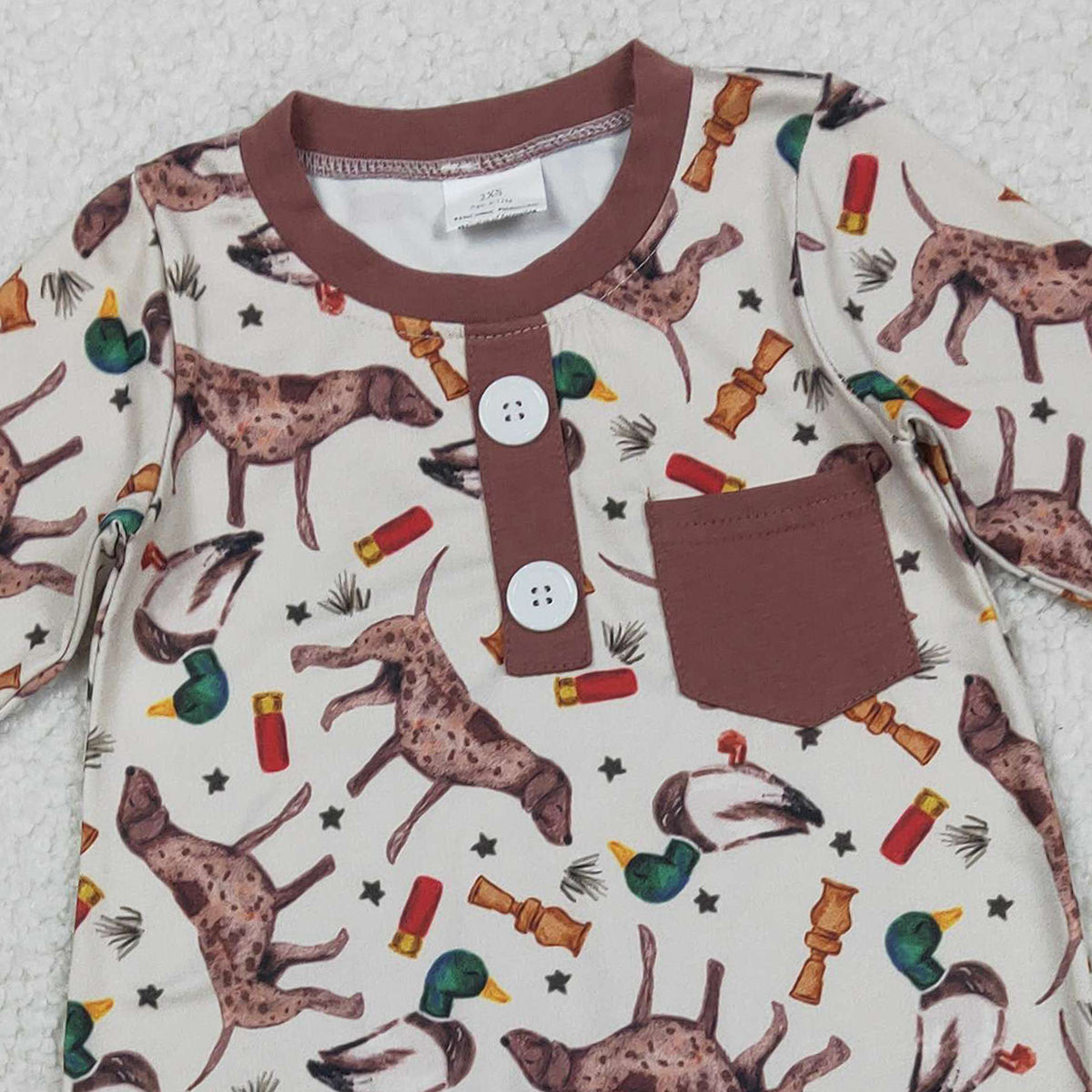 1.27 RTS NO MOQ （In stock）LR2576 Baby Boys Long Sleeve Ducks Dogs Button Pocket Hunting Rompers