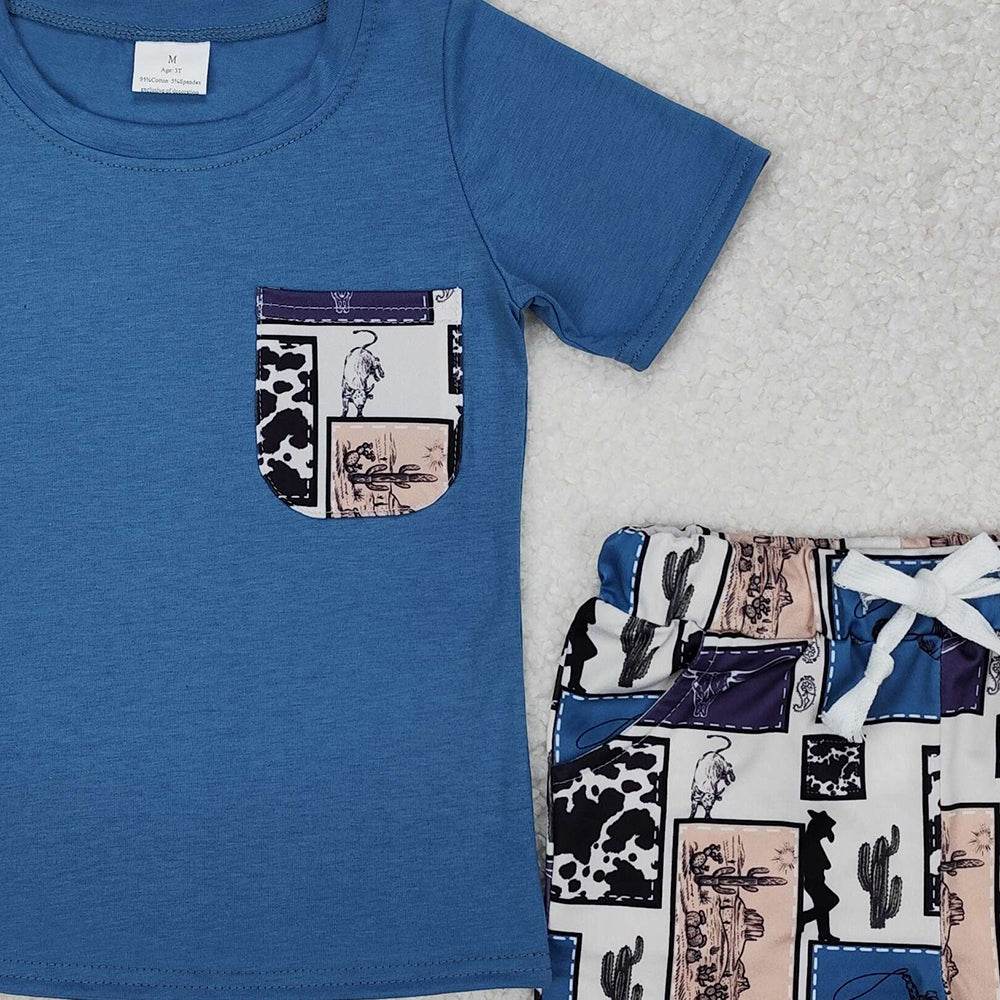 BSSO1286Short sleeves pocket top rodeo cactus shorts western boys clothes