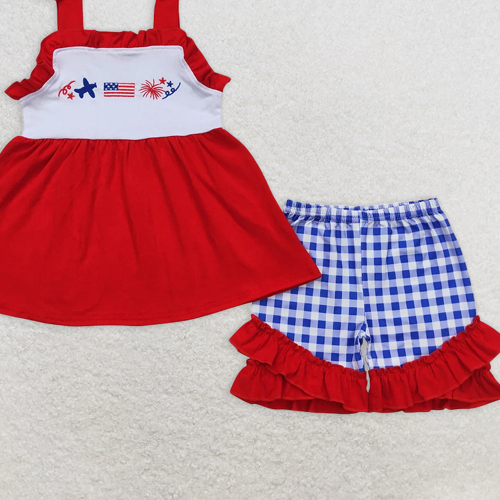 GSSO0611 RTS NO MOQ Children Clothes Summer Girls Outfits Embroidered airplane flag fireworks red lace suspenders blue and white plaid shorts set