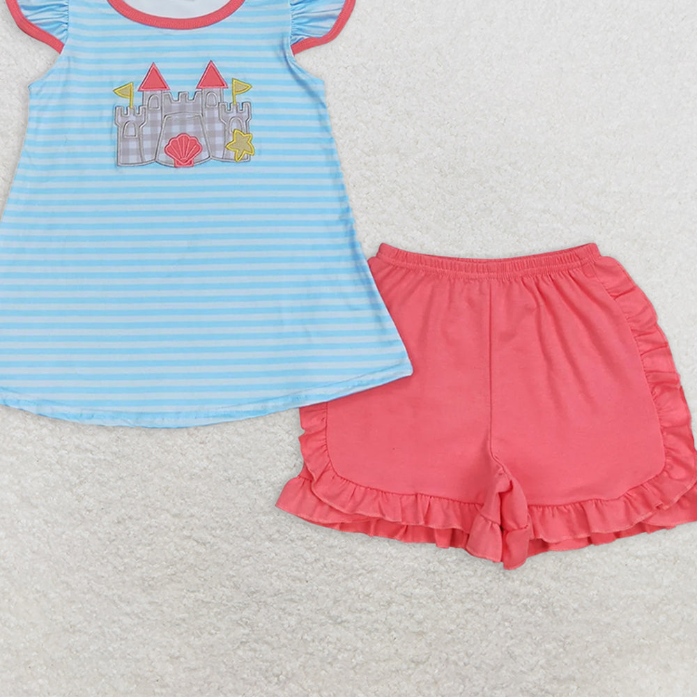 GSSO0875 RTS NO MOQ Baby Girls Summer Outfits Embroidered shell star castle stripe flying sleeve rose red shorts suit