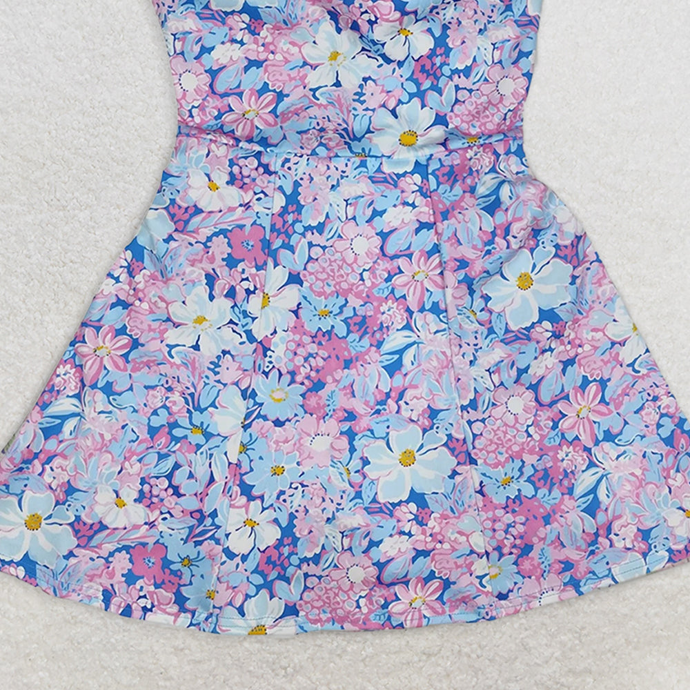 5.28  GSD1845 RTS NO MOQ Baby Girls Summer Yoga Dress Sleeveless blue pink floral baby girls athletic dresses