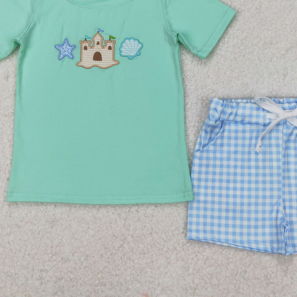 BSSO1266 RTS NO MOQ Starfish shell castle top plaid shorts boys kids clothes
