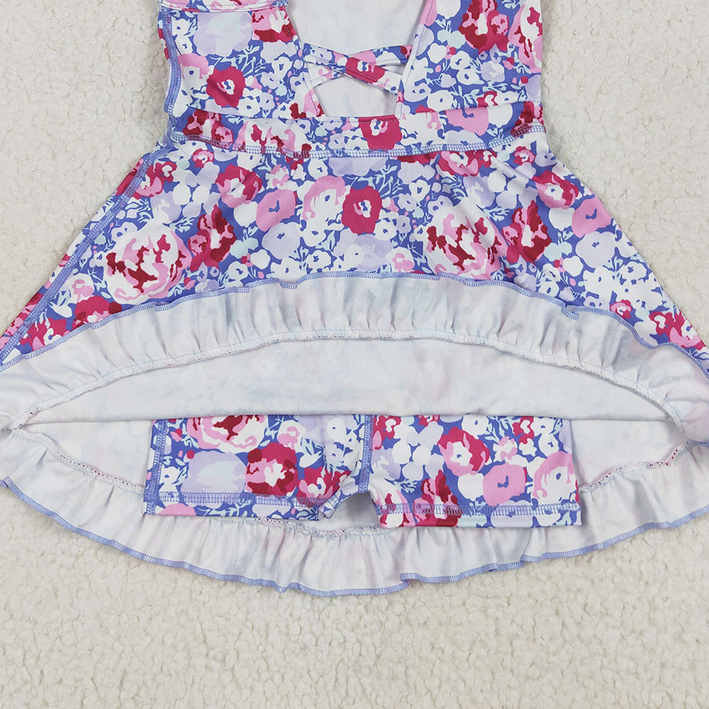 8.12   GSD2285 RTS NO MOQ Baby Girls Summer Yoga Dress Baby Girls Lavender Strap Colorful Floral Yoga Ruffle Knee Length Dresses