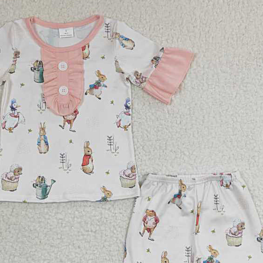GSSO0155Girls Pink Ruffles Short Sleeves Rabbit Shirt Pajamas Set Easter Theme Sleepwear Comfortable Soft Material for Kids