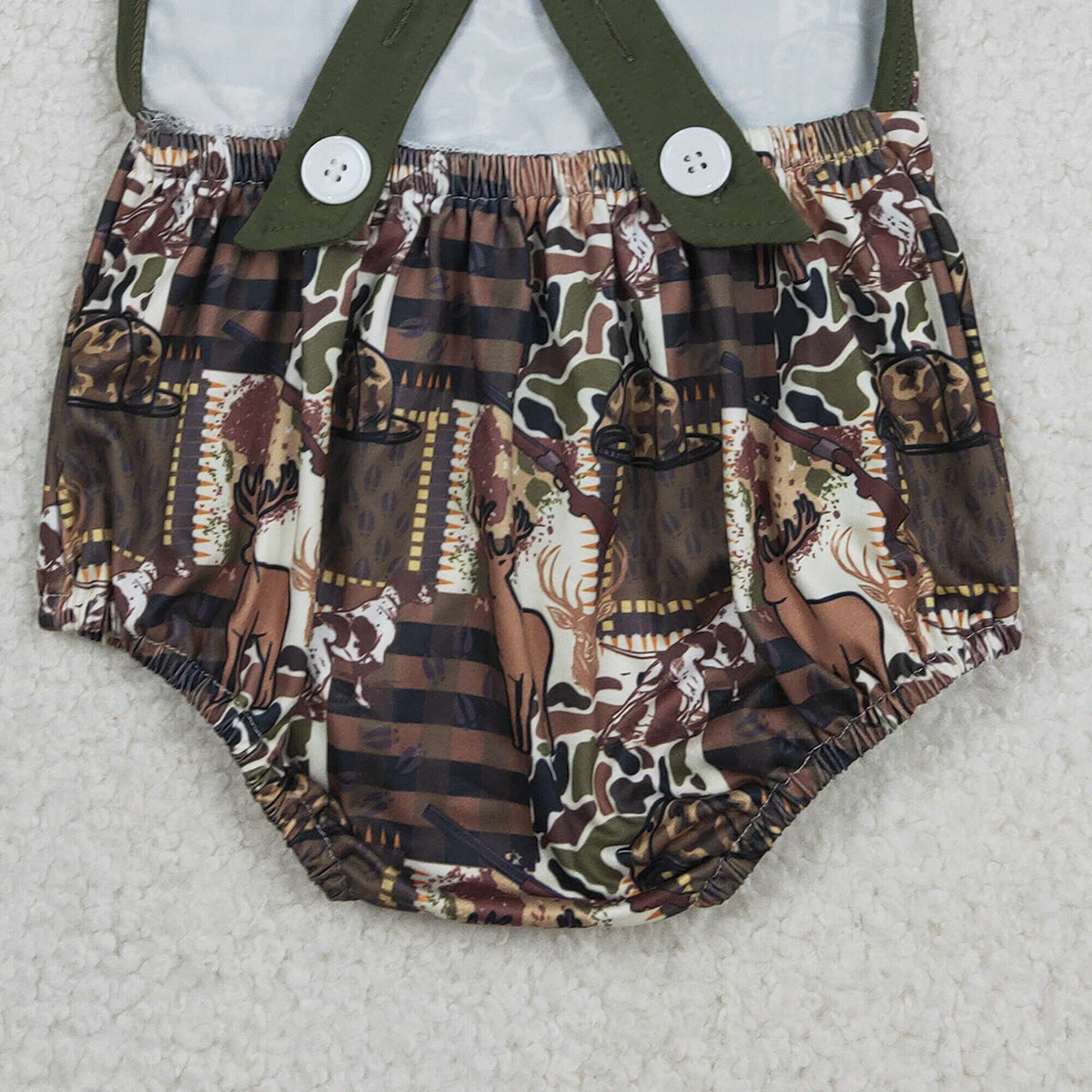 2.2 RTS NO MOQ （In stock）SR3927 Baby Boys Strap Southern Deer Hats Camo Hunting Rompers