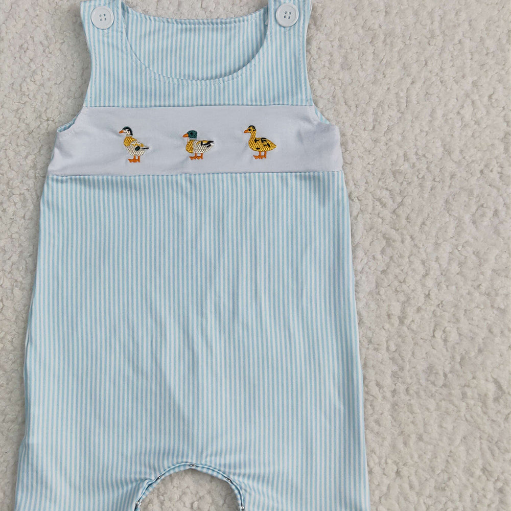 4.26 SR2991 RTS NO MOQ Baby Boys Summer Rompers Embroidery Baby Infant Boys Blue Stripe Sleeveless Ducks Button Rompers