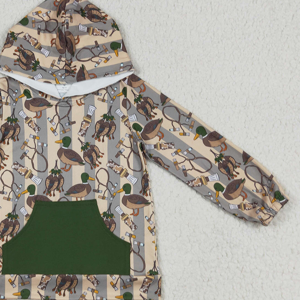 RTS NO MOQ （In stock）BT1267 Baby Boys Long Sleeve Tops Baby Boys Long Sleeves Ducks Stripe Pocket Hoodies Tops