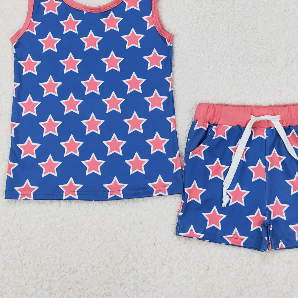 GSSO2151 RTS NO MOQ Sleeveless stars top shorts kids girls clothing set