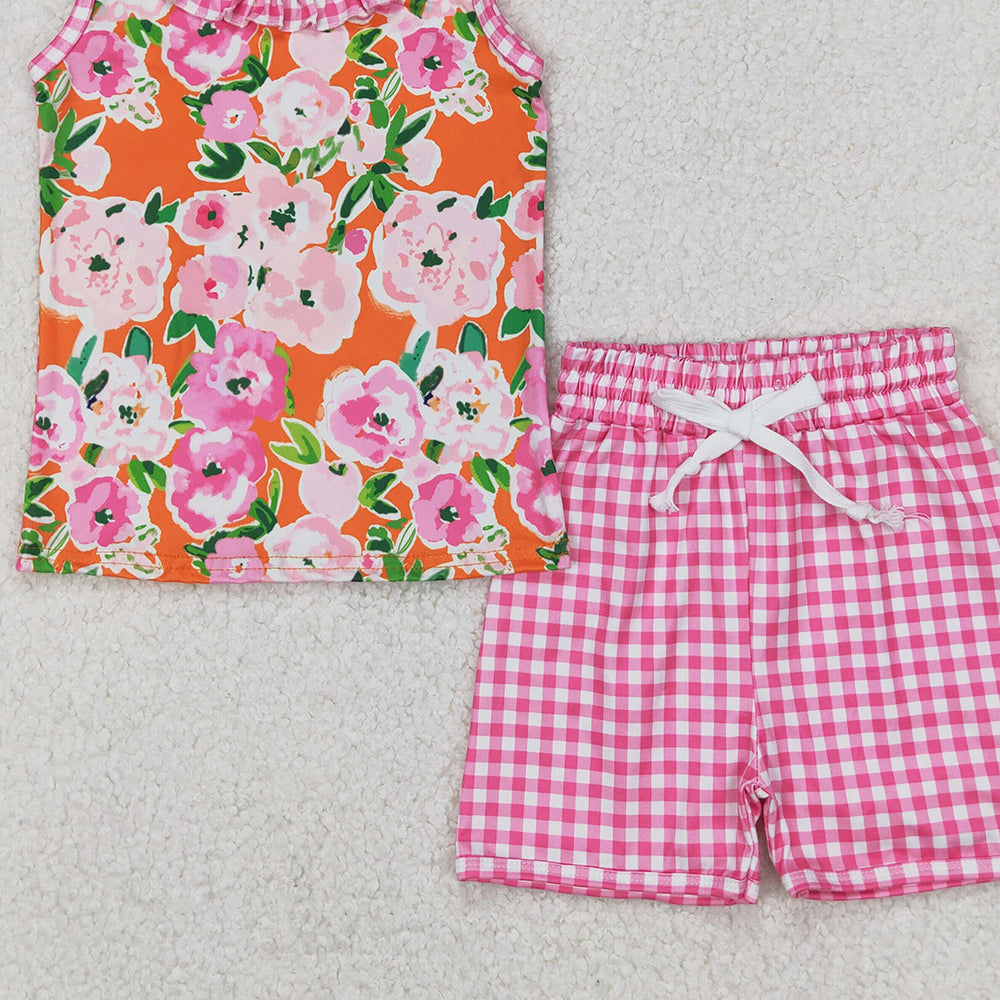 4.08 GSSO2413 RTS NO MOQ Baby Girls Summer Outfits Floral Top Gingham Play Shorts Set