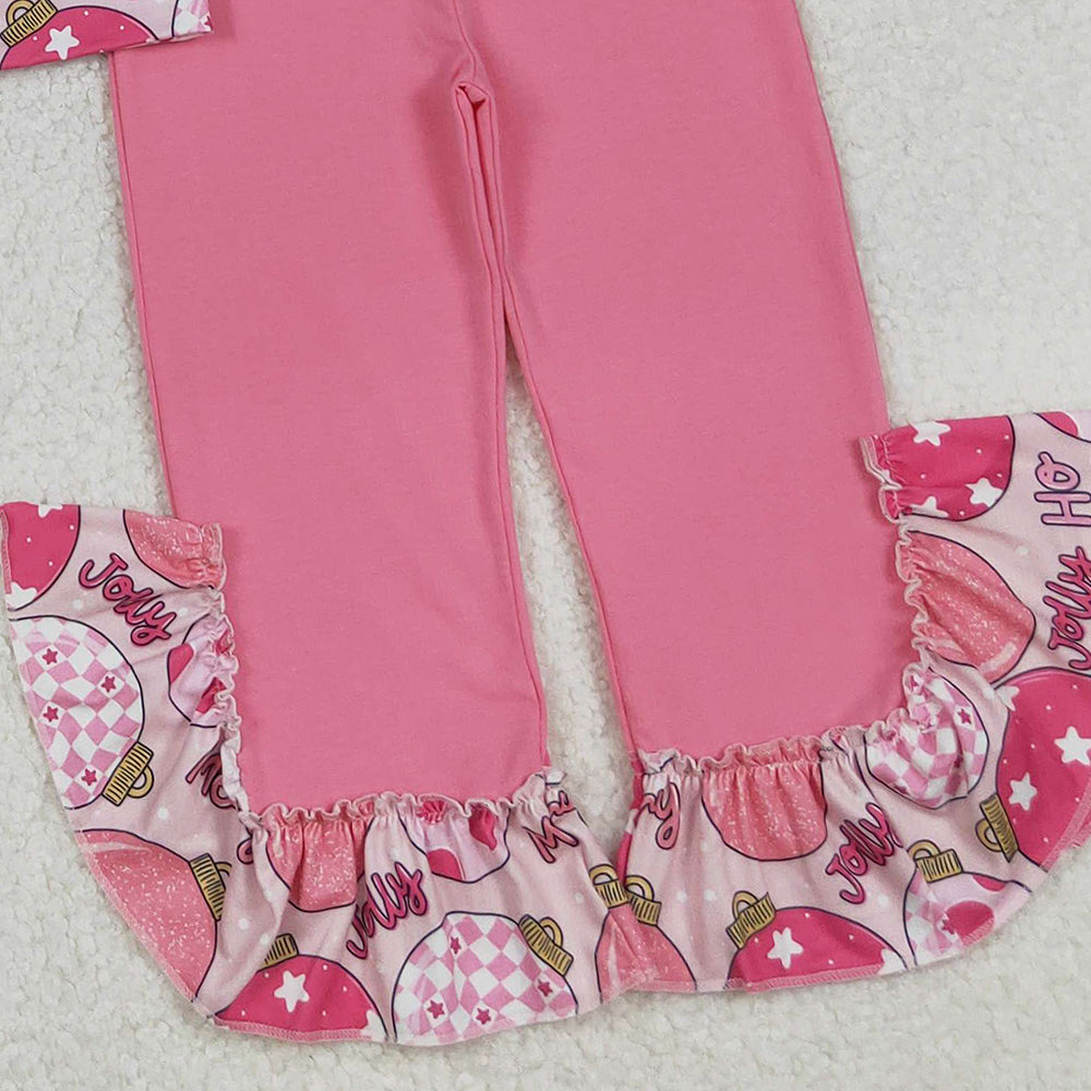 RTS NO MOQ （In stock）GLP2650 Baby Girls Winter Outfits  Pink Merry Christmas Hoodie Top with Pocket And Ruffle Pants Set