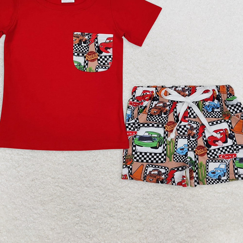 BSSO1256RTS NO MOQ Baby Boys Summer Boys Outfits Red Short Sleeve Pocket Top with Car Print Boys Shorts Outfit Set Casual Kids Clothing