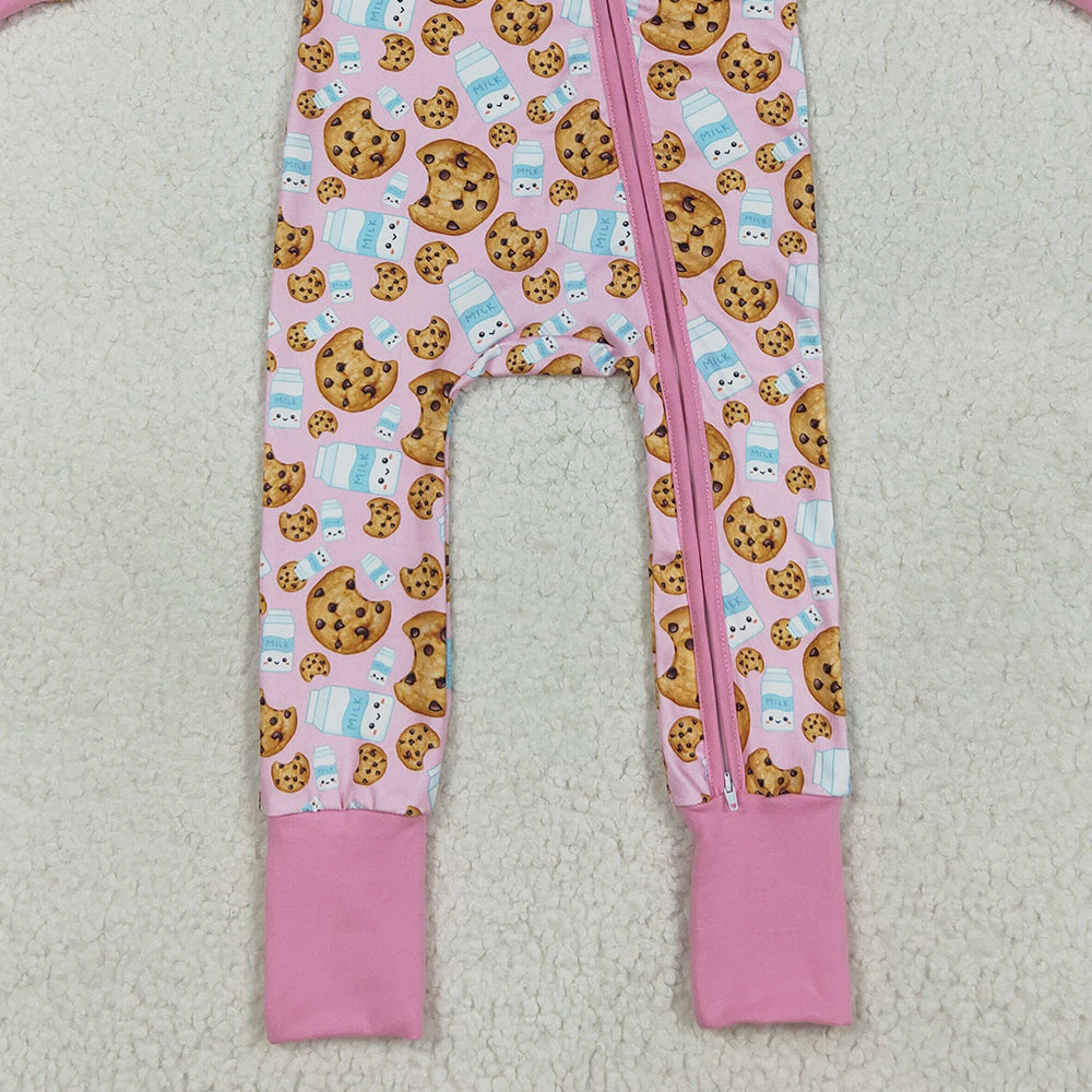 RTS NO MOQ （In stock）LR2398 Baby Girls Winter Rompers Baby Girls Pink Christmas Milk Cookies Zipper Footie Rompers