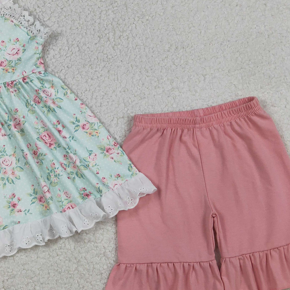 3.26 RTS NO MOQ （In stock）GSSO3036 Kids Clothing for Baby Girls Short Sleeve Colorful Flowers Button Tunic Ruffle Shorts Clothes Sets