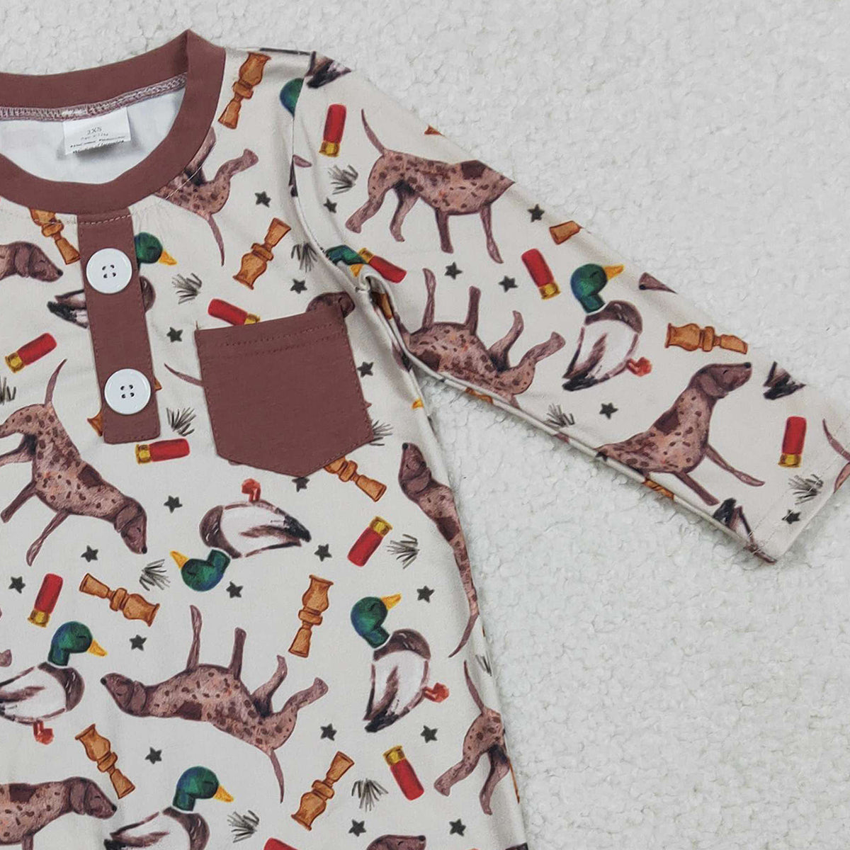 1.27 RTS NO MOQ （In stock）LR2576 Baby Boys Long Sleeve Ducks Dogs Button Pocket Hunting Rompers