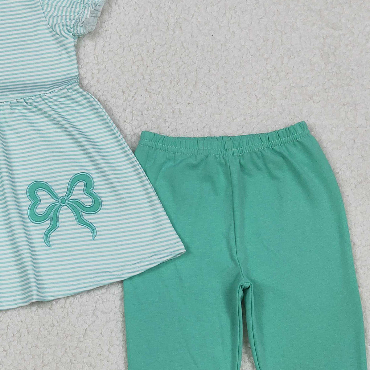 12.4 RTS NO MOQ （In stock）GSPO2151 Embroidery Bows Baby Girls Aqua Stripe Tunic Leggings Pant Clothes Sets